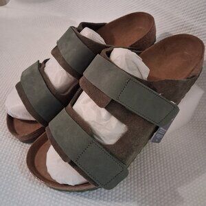 Birkenstock Uji Mens Slide Sandals Sz 12 Thyme Suede Leather Hook & Loop Straps